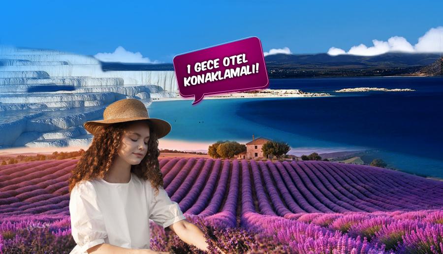 Lavanta Tarlaları Salda Gölü Pamukkale Çeşme Alaçatı Turu (1 Gece Otel Konaklamalı)	: Turkuaz Sularda Bembeyaz Kumlarda Unutamayacağınız Bir Tatil Deneyimi İçin Sizleri Bekliyoruz. Salda Gölü’nün Ferahlığında, Pamukkale Travertenlerinin Süt Beyaz Havuzlarında Kısa Bir Tatil Ve Görsel Şöleni Hafızalarınıza SSC TUR İmzasıyla Kaydediyoruz.
