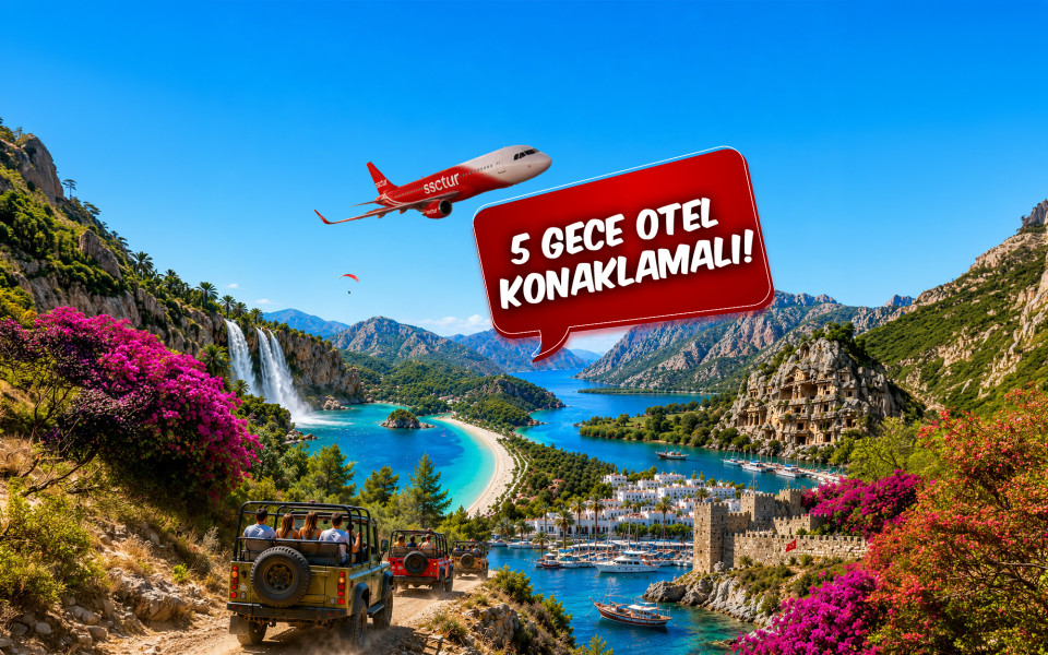 Uçaklı Rüya Gibi Ege Akdeniz Antalya Kaş Fethiye Ölüdeniz Akyaka Bodrum Turu (5 Gece Otel Konaklamalı): Uçaklı Rüya Gibi Ege Akdeniz Turlarımız ile Ülkemizin önde gelen turistik mekânlarında geçireceğiniz bir hafta boyunca; denizin, güneşin, kumsalın ve eğlencenin doyumsuz tadına erişeceksiniz. Tekne Turları, Jeep Safari, Rafting, Dalış Turu, Yamaç Paraşütü, Saklıkent, Ölüdeniz,