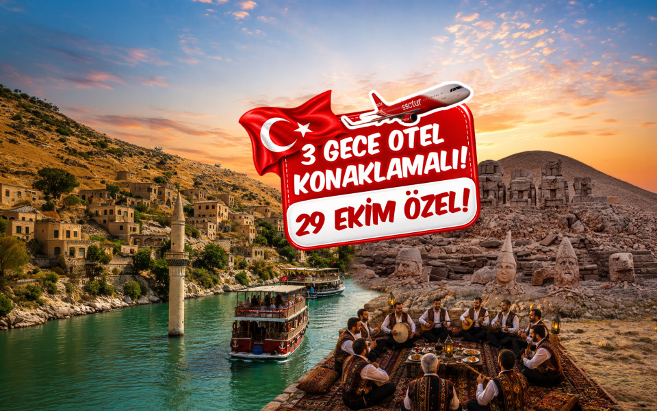 29 Ekim Özel Uçaklı Tarihte Yolculuk Gap Mezopotamya Turu (3 Gece Otel Konaklamalı) : Kısa zamanda çok işler yaparız diye Gap Mezopotamya Bölgesine doğru yola çıktık. Güney Doğu Anadolu’yu Keşfetmeye, Peygamberler Diyarını Gezmeye Davet Ediyoruz. Sıra Gecesine katılmaya bol bol kebap yemeye gidiyoruz. 